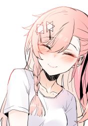 Rule 34 | 1girl, absurdres, blush, bow, braid, breasts, casual, closed eyes, closed mouth, facing viewer, girls&#039; frontline, hair between eyes, hair bow, hair ornament, hair ribbon, hairclip, hexagram, highres, jingo, long hair, negev (girls&#039; frontline), one side up, pink hair, red bow, red eyes, ribbon, shirt, sidelocks, simple background, smile, solo, star of david, upper body