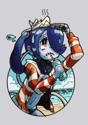 Rule 34 | 1girl, beach, blue hair, blue skin, bright pupils, colored skin, drinking, drinking straw, grey background, highres, jacket, looking up, navel, neko mata g, ocean, outdoors, red eyes, side ponytail, skeletal arm, skullgirls, solo, squigly (skullgirls), striped clothes, striped jacket, sweat, white pupils, zombie