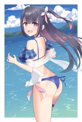 Rule 34 | 1girl, ass, bare shoulders, bikini, black hair, blue bikini, blue sky, breasts, cloud, cloudy sky, collarbone, colored inner hair, flower, hair flower, hair ornament, highres, hina misora, long hair, looking at viewer, looking back, multicolored hair, outdoors, pink hair, plaid, plaid bikini, pmasterm, red eyes, shawl, side-tie bikini bottom, sky, solo, standing, swimsuit, transparent, two-tone hair, two side up, very long hair, virtual youtuber, wactor production, water, white flower