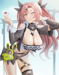 Rule 34 | 1girl, ;), absurdres, anoreika tomoe, bare shoulders, belt, black belt, black ribbon, black shorts, black thighhighs, blush, breasts, cleavage, clothing cutout, commentary request, cowboy shot, green eyes, hair ornament, hair ribbon, hairclip, hand in own hair, hand up, heart, highres, large breasts, leaning forward, long hair, long sleeves, looking at viewer, micro shorts, midriff, nail polish, navel, nicole demara, one eye closed, pink hair, pink nails, ribbon, shorts, shoulder cutout, single thighhigh, smile, solo, standing, stomach, strapless, thighhighs, thighs, tube top, two side up, very long hair, zenless zone zero