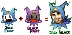 Rule 34 | &gt;:), &gt; &lt;, 1boy, :d, animification, atlus, black frost, closed eyes, fang, hat, hat with ears, if they mated, jack black, jack frost (megami tensei), kataro, megami tensei, open mouth, pun, real life, simple background, smile, v-shaped eyebrows, white background, xd