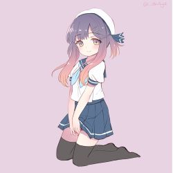 Rule 34 | 1girl, black thighhighs, blue neckerchief, blue ribbon, blue skirt, buttons, emia wang, gradient hair, hat, kantai collection, kneeling, looking at viewer, multicolored hair, neckerchief, orange hair, pleated skirt, puffy short sleeves, puffy sleeves, purple background, purple eyes, purple hair, ribbon, sailor hat, school uniform, serafuku, short hair, short sleeves, sidelocks, simple background, skirt, smile, solo, thighhighs, tsushima (kancolle), white hat