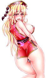Rule 34 | 1girl, ass, black panties, blonde hair, blush, breasts, cameltoe, china dress, chinese clothes, cleft of venus, covered erect nipples, dress, energy, fox tail, from behind, harumi (harumix), hat, heart, heart-shaped pupils, huge breasts, junko (touhou), large breasts, long hair, mature female, naked tabard, obi, open mouth, panties, round teeth, sash, sideboob, simple background, solo, string panties, symbol-shaped pupils, tabard, tail, teeth, thighs, tongue, touhou, underwear, very long hair, white background