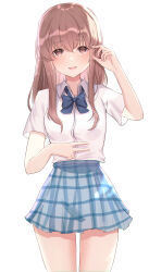 Rule 34 | 1girl, :d, absurdres, blue bow, blue bowtie, blue skirt, bow, bowtie, brown eyes, brown hair, collared shirt, cowboy shot, crying, crying with eyes open, highres, koe no katachi, long hair, looking at viewer, nishimiya shouko, open mouth, plaid, plaid skirt, school uniform, shirt, short sleeves, simple background, skirt, smile, solo, tears, unha, white background, white shirt