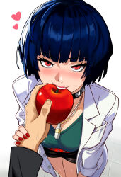 1boy 1girl absurdres apple arm_at_side belt black_choker black_jacket black_shorts blue_hair blunt_bangs blush breasts choker eating eyelashes feet_out_of_frame food foreshortening from_above fruit gradient_background green_shirt hand_on_another&#039;s_wrist heart highres holding holding_food holding_fruit jacket jewelry lab_coat long_coat long_sleeves looking_at_viewer medium_breasts mouth_hold nail_polish naughty_face necklace neggoartz nervous_sweating nose_blush pendant persona persona_5 pov pov_hands red_belt red_eyes red_nails shirt short_hair short_shorts shorts standing studded_choker sweat takemi_tae tile_floor tiles trembling upturned_eyes very_short_hair very_sweaty white_background