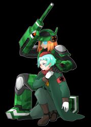 Rule 34 | 0xced3, 2boys, absurdres, arm cannon, arm up, armband, black background, blue eyes, coat, full body, green armband, green coat, green hair, green helmet, green jacket, green pants, helmet, highres, jacket, mega man (series), mega man battle network (series), multiple boys, on one knee, pants, raika (mega man), red eyes, scouter, searchman.exe, simple background, weapon