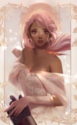Rule 34 | 1girl, bare shoulders, breasts, brown eyes, cleavage, commentary, dark-skinned female, dark skin, dress, earrings, english commentary, gloves, highres, holding hands, jewelry, lips, long hair, looking at viewer, mahoushani, medium breasts, original, parted lips, pink hair, pov, solo focus, strapless, strapless dress, swept bangs