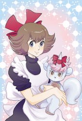 Rule 34 | 1980s (style), apron, blue eyes, brown eyes, brown hair, chao (unico), hair ribbon, hug, looking at viewer, retro artstyle, pink hair, retro artstyle, ribbon, short hair, smile, sparkle, tail, tcgf0, unico, unico (character), unicorn