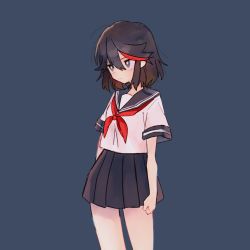 Rule 34 | 1girl, 320 (romsen), alternate costume, bad id, bad twitter id, black hair, black skirt, blouse, blue background, blue eyes, bright pupils, clenched hand, closed mouth, commentary, kill la kill, light frown, looking to the side, matoi ryuuko, miniskirt, multicolored hair, neckerchief, panties, pleated skirt, red hair, red neckerchief, school uniform, serafuku, shirt, short hair, short sleeves, skirt, solo, standing, streaked hair, two-tone hair, underwear, white panties, white pupils, white shirt