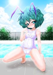 Rule 34 | 1girl, alternate costume, antennae, barefoot, blush, breasts, cameltoe, chain-link fence, cloud, collarbone, covered navel, day, embarrassed, covered erect nipples, female focus, fence, green eyes, green hair, highres, kneeling, lens flare, madara inosuke, matching hair/eyes, name tag, one-piece swimsuit, pool, poolside, school swimsuit, school swimsuit flap, short hair, sky, small breasts, solo, sun, swimsuit, touhou, tree, wavy mouth, wet, white school swimsuit, white one-piece swimsuit, wriggle nightbug