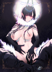 1girl ane_naru_mono black_hair breasts chiyo_(ane_naru_mono) closed_mouth colored_extremities grey_horns highres horizontal_pupils horns large_breasts long_hair navel nipples nude pink_eyes pochi_(pochi-goya) pointy_ears solo tentacles