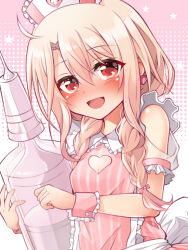 Rule 34 | 1girl, ahoge, bare shoulders, blonde hair, blush, braid, breasts, cleavage cutout, clothing cutout, dress, earrings, fate/kaleid liner prisma illya, fate (series), frills, hair between eyes, hat, heart, heart cutout, heart earrings, highres, illyasviel von einzbern, jewelry, long hair, looking at viewer, low twin braids, mochi (k620803n), nurse cap, open mouth, oversized object, pink dress, pink hat, red eyes, sidelocks, small breasts, smile, solo, syringe, twin braids, wrist cuffs