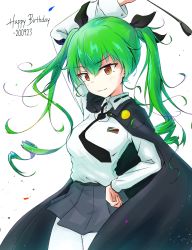 Rule 34 | 1girl, anchovy (girls und panzer), anzio school uniform, arm up, bad id, bad pixiv id, belt, black belt, black cape, black necktie, black ribbon, black skirt, brown eyes, cape, closed mouth, commentary request, cowboy shot, dated, dress shirt, drill hair, emblem, english text, girls und panzer, green hair, hair ribbon, hand on own hip, happy birthday, highres, holding, kiroshi, korean commentary, long hair, long sleeves, looking at viewer, miniskirt, necktie, pantyhose, pleated skirt, ribbon, riding crop, school uniform, shirt, simple background, skirt, smile, solo, standing, twin drills, twintails, white background, white pantyhose, white shirt, wing collar