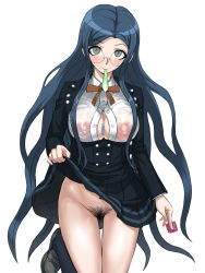 Rule 34 | 1girl, akisora, black jacket, blazer, blue eyes, blue hair, blush, bottomless, breasts, cleavage, clothes lift, commentary request, condom, condom in mouth, condom wrapper, danganronpa (series), danganronpa v3: killing harmony, female pubic hair, glasses, highres, holding, holding condom, jacket, large breasts, lifted by self, long hair, mouth hold, neck ribbon, nipples, orange ribbon, parted bangs, pleated skirt, pubic hair, pussy, ribbon, school uniform, see-through, see-through shirt, shirogane tsumugi, shirt, simple background, skirt, skirt lift, solo, thighs, used condom, white background, white shirt