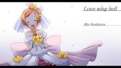 Rule 34 | 10s, 1girl, backlighting, bare shoulders, bouquet, bridal veil, character name, choker, collarbone, dress, closed eyes, flower, hair flower, hair ornament, happy tears, highres, hoshizora rin, letterboxed, love live!, love live! school idol project, love wing bell, makuran, open mouth, petals, sash, smile, solo, song name, strapless, strapless dress, tears, veil, wedding dress, white dress
