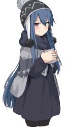 Rule 34 | 1girl, blue hair, cup, hair between eyes, hair down, hair ornament, hairclip, hat, holding, holding cup, knit hat, long hair, long sleeves, looking at viewer, pantyhose, red eyes, shima rin, shiseki hirame, simple background, smile, solo, white background, winter clothes, yurucamp