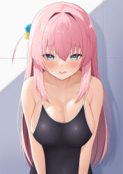 Rule 34 | 1girl, absurdres, black one-piece swimsuit, blue eyes, blush, bocchi the rock!, breasts, cleavage, collarbone, competition swimsuit, cube hair ornament, gotoh hitori, hair ornament, highres, hukigen dadada, large breasts, leaning forward, long hair, looking at viewer, one-piece swimsuit, open mouth, pink hair, raised eyebrows, school swimsuit, side ahoge, solo, sweat, swimsuit, upper body, very long hair