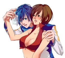 Rule 34 | 1boy, 1girl, blue eyes, blue hair, blush, breasts, brown eyes, brown hair, cleavage, drunk, glass, kaito (vocaloid), large breasts, meiko (vocaloid), midriff, navel, pizza (pizzania company), vocaloid, xpizzeriax