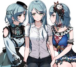 Rule 34 | 3girls, aqua dress, aqua hair, bang dream!, blue dress, clone harem, cross-laced clothes, cross-laced dress, denim, detached sleeves, dress, framed breasts, frilled dress, frilled sleeves, frills, green eyes, hand on another&#039;s shoulder, hikawa hina, hikawa sayo, holding another&#039;s arm, imminent kiss, incest, jeans, long hair, long sleeves, looking at another, looking to the side, medium hair, multiple girls, nervous, nervous sweating, pants, shirt, siblings, sisters, sweat, twincest, twins, white background, white shirt, yuri, zihacheol
