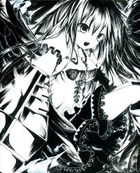 Rule 34 | 1girl, absurdres, arm cannon, bird wings, female focus, highres, long hair, millipen (medium), monochrome, open mouth, puffy sleeves, reiuji utsuho, short sleeves, solo, torajirou, torajirou (toraneko zirou), touhou, traditional media, weapon, wings