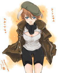 Rule 34 | 1girl, animal ears, bike shorts, blue eyes, blush, breasts, cleavage, cleavage cutout, clothing cutout, coat, covered erect nipples, dog ears, hat, heart, highres, isabelle du monceau de bergendal, medium breasts, meme attire, mishiro shinza, musical note, noble witches, open-chest sweater, open clothes, open coat, open mouth, orange hair, scarf, short hair, solo, strike witches, sweater, translation request, turtleneck, world witches series