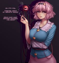 Rule 34 | 1girl, alternate breast size, blouse, blue shirt, breasts, cigarette, collarbone, english text, hairband, hater (hatater), heart, highres, holding, holding cigarette, komeiji satori, large breasts, looking at viewer, nail polish, parted lips, pink eyes, pink hair, pink nails, shirt, smoke, solo, third eye, touhou