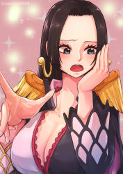 Rule 34 | 1girl, aosora2823, black hair, blue eyes, boa hancock, breasts, cleavage, coat, dress, earrings, embarrassed, epaulettes, hand on own cheek, hand on own face, highres, jewelry, large breasts, long hair, looking down, one piece, open mouth, snake earrings, solo, sparkle background, upper body