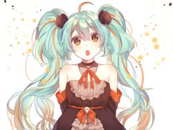 Rule 34 | 1girl, absurdly long hair, ahoge, aqua hair, arms behind back, artist name, bad id, bad pixiv id, choker, collar, eileen (artist), halloween, hatsune miku, head tilt, long hair, looking at viewer, open mouth, orange eyes, solo, star (symbol), twintails, upper body, very long hair, vocaloid, white background