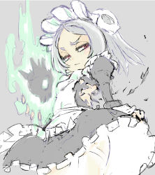 Rule 34 | 1girl, apron, bloody marie (skullgirls), blush, dress, frilled dress, frills, grey background, grey hair, hair ornament, juliet sleeves, long sleeves, maid, maid headdress, mtk hoshi, puffy sleeves, red eyes, skull hair ornament, skull heart, skullgirls, solo, thighhighs, torn clothes, twintails, upskirt
