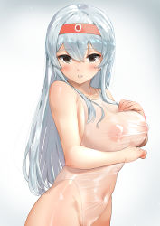 Rule 34 | 1girl, arm under breasts, blush, breasts, brown eyes, hand on own chest, headband, highres, kantai collection, large breasts, long hair, looking at viewer, one-piece swimsuit, osananajimi neko, red headband, see-through swimsuit, shoukaku (kancolle), sidelocks, silver hair, simple background, solo, swimsuit, upper body, white background