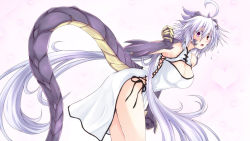 Rule 34 | 1girl, ahoge, bare legs, breasts, cleavage, dragon girl, dragon horns, dragon tail, dress, flying sweatdrops, from side, g (genesis1556), gradient background, heart, heart background, heterochromia, highres, horns, large breasts, long hair, looking at viewer, monster girl, no panties, open mouth, original, pink background, purple eyes, purple hair, rara (g (genesis1556)), red eyes, sideless outfit, solo, standing, tail, very long hair, white dress