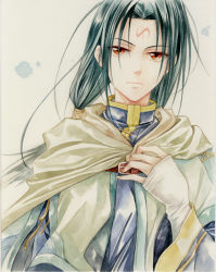 Rule 34 | 1boy, agahari, bishounen, black hair, cape, facial mark, fire emblem, fire emblem: path of radiance, forehead mark, gloves, hand on own chest, long hair, long sleeves, male focus, nintendo, ponytail, red eyes, simple background, solo, soren (fire emblem), traditional media