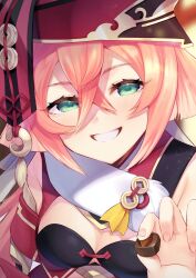 Rule 34 | 1girl, breasts, chocolate, cleavage, commentary request, food, genshin impact, green eyes, grin, holding, holding chocolate, holding food, long hair, looking at viewer, medium breasts, pink hair, red headwear, smile, solo, upper body, yanfei (genshin impact), zenzai tarou
