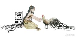 Rule 34 | 1girl, absurdly long hair, armlet, artist name, bangle, bare arms, barefoot, bird, bity3155660241, black bra, black hair, bra, bracelet, breasts, chicken, chinese commentary, cleavage, commentary request, fringe trim, full body, hair spread out, harem outfit, jewelry, kneeling, leglet, long hair, medium breasts, original, outstretched arms, pants, puffy pants, rooster, sideboob, simple background, solo, striped bra, striped clothes, toes, underwear, very long hair, watermark, wavy hair, weibo logo, weibo watermark, white background, yellow eyes, yellow pants