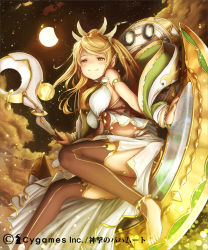 Rule 34 | 10s, 1girl, barefoot, blonde hair, jewelry, lots of jewelry, moon, on crescent, priestess of the moon, shingeki no bahamut, sitting on moon, sky, ss39, star (sky), starry sky, toeless legwear, toes, twintails