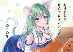 Rule 34 | 1girl, absurdres, animal ears, bent over, between breasts, blue eyes, blue necktie, blue skirt, blush, box, breasts, cleavage, commentary request, detached sleeves, frog hair ornament, green hair, hair between eyes, hair ornament, hair tubes, highres, kemonomimi mode, kochiya sanae, large breasts, long hair, long sleeves, looking at viewer, midriff, miyakoto, mouse ears, mouse tail, necktie, necktie between breasts, new year, shirt, sidelocks, skirt, snake hair ornament, solo, tail, touhou, translation request, white background, white shirt