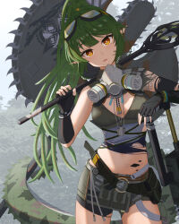 Rule 34 | 1girl, arknights, axe, battle axe, black gloves, chainsaw, commentary request, crocodilian tail, fingerless gloves, gavial (arknights), gavial the invincible (arknights), gloves, goggles, goggles on head, green hair, high ponytail, highres, holding, holding staff, long hair, looking at viewer, mask, mask around neck, material growth, midriff, navel, official alternate costume, open mouth, oripathy lesion (arknights), pointy ears, respirator, shironekoban, solo, staff, stomach tattoo, tail, tattoo, weapon, yellow eyes