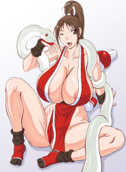 Rule 34 | 1girl, areola slip, breasts, brown eyes, brown hair, covered erect nipples, female focus, highres, huge breasts, natsuru (anglachel), one eye closed, open mouth, ponytail, shiranui mai, sitting, smile, snake, socks, spread legs, the king of fighters, thighs, wink