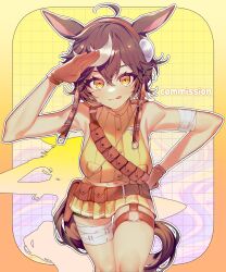 Rule 34 | 1girl, :q, animal ears, bandaged arm, bandaged leg, bandages, belt, belt pouch, breast pocket, breasts, brown belt, brown gloves, brown hair, commission, crop top, eyelashes, gloves, highres, horse ears, horse girl, horse tail, indie virtual youtuber, large breasts, leaning forward, multicolored hair, navel, pleated skirt, pocket, pouch, salute, shirt, short hair, sics (666daisuchan), skeb commission, skirt, sleeveless, sleeveless shirt, solo, tail, tomoe umari, tongue, tongue out, two-tone hair, white hair, yellow eyes, yellow shirt, yellow skirt