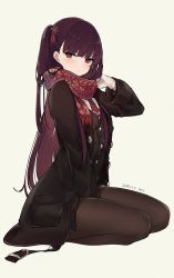 Rule 34 | 1girl, between legs, black footwear, blush, braid, breasts, brown background, brown coat, brown jacket, closed mouth, coat, collared shirt, french braid, girls&#039; frontline, gloves, hair ornament, hair ribbon, hand between legs, hand up, jacket, large breasts, long hair, long sleeves, looking at viewer, mimelond, official alternate costume, one side up, open clothes, open coat, pantyhose, purple hair, red eyes, red ribbon, red scarf, ribbon, scarf, seiza, shirt, sidelocks, simple background, sitting, snowflake hair ornament, snowflake print, solo, tsundere, tsurime, very long hair, wa2000 (date in the snow) (girls&#039; frontline), wa2000 (girls&#039; frontline), white gloves, white shirt