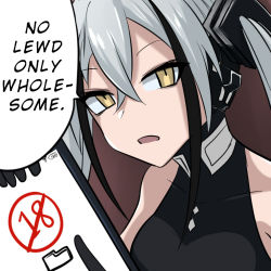 Rule 34 | 1girl, bare shoulders, black hair, breasts, commentary, destroyer (girls&#039; frontline), english commentary, english text, girls&#039; frontline, grey hair, hair between eyes, hair ornament, headgear, holding, holding tablet pc, icon (computing), long hair, looking at viewer, medium breasts, multicolored hair, no symbol, open mouth, pointing, reizo ne, sangvis ferri, sleeveless, solo, speech bubble, streaked hair, tablet pc, twintails, yellow eyes