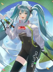 Rule 34 | 1girl, absurdres, aqua eyes, aqua hair, black bodysuit, black thighhighs, blue sky, bodysuit, cloud, collared shirt, cowboy shot, crop top, fang, hatsune miku, highres, holding, jacket, looking at viewer, lussahyoxeyy1ov, open clothes, open jacket, open mouth, racing miku, racing miku (2022), shirt, sidelocks, single thighhigh, sky, smile, solo, standing, thighhighs, twintails, vocaloid, white jacket, white shirt