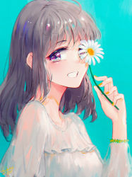 Rule 34 | 1girl, black hair, blue background, blush, breasts, daisy, dress, flower, grin, hand up, highres, holding, holding flower, kisei2, long hair, long sleeves, looking at viewer, nail polish, orange nails, original, puffy long sleeves, puffy sleeves, purple eyes, see-through, see-through sleeves, simple background, small breasts, smile, solo, upper body, white dress, white flower