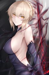 Rule 34 | 1girl, artoria pendragon (all), artoria pendragon (fate), bare shoulders, black dress, blonde hair, blush, braid, breasts, commentary request, covered erect nipples, detached sleeves, dress, excalibur morgan (fate), fate/grand order, fate/stay night, fate (series), french braid, gothic lolita, hair between eyes, hair bun, highres, holding, holding sword, holding weapon, isawo (lucanus19), large breasts, lolita fashion, looking at viewer, saber alter, sideboob, sidelocks, single hair bun, solo, sword, weapon, yellow eyes