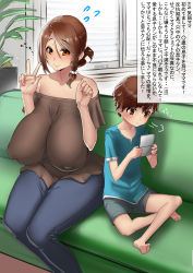 Rule 34 | 1boy, 1girl, absurdres, age difference, bad id, bad pixiv id, window blinds, blue pants, blue shirt, blush, breasts, brown eyes, brown hair, brown shirt, child, closed mouth, commentary request, couch, covered erect nipples, folded hair, hair between eyes, handheld game console, highres, huge breasts, indoors, long hair, looking at viewer, low tied hair, mature female, mother and son, no bra, off shoulder, onee-shota, original, pants, parted bangs, plant, scrunchie, shirt, short hair, short sleeves, shorts, sitting, smile, translation request, uc (91776165), w, white scrunchie, window