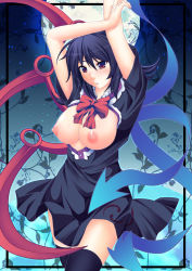 Rule 34 | 1girl, arms up, asymmetrical wings, black dress, black hair, breasts, breasts out, crossed legs, dress, full moon, houjuu nue, kuronezumi, large breasts, looking at viewer, moon, nipples, open mouth, red eyes, short dress, short hair, short sleeves, solo, standing, thighhighs, touhou, wings