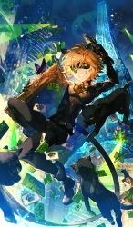 Rule 34 | 1boy, adrien agreste, aircraft, animal ears, bell, black bodysuit, blonde hair, bodysuit, boots, building, calling card, cat, cat ears, character name, chat noir, colored sclera, eiffel tower, fingernails, green sclera, grin, helicopter, highres, looking at viewer, male focus, mask, miraculous ladybug, scorpion5050, sharp fingernails, skyscraper, smile