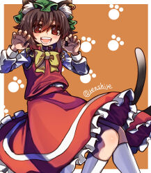 Rule 34 | 1girl, :d, animal ears, bow, bowtie, brown eyes, brown hair, cat ears, cat tail, chen, commentary request, earrings, feet out of frame, frilled skirt, frills, green hat, hat, high heels, highres, jewelry, long sleeves, looking at viewer, mob cap, multiple tails, nekomata, one-hour drawing challenge, open mouth, red footwear, red shirt, red skirt, renshirenji, shirt, simple background, single earring, skirt, smile, socks, solo, tail, touhou, twitter username, two tails, white background, white socks, yellow bow, yellow bowtie