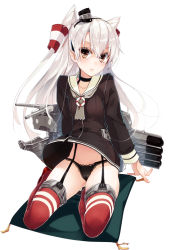 Rule 34 | 10s, 1girl, amatsukaze (kancolle), arm support, bad hands, bad id, bad pixiv id, black panties, brown eyes, cameltoe, choker, dress, garter straps, groin, hat, kantai collection, lace, lace-trimmed panties, lace trim, long hair, looking at viewer, mini hat, panties, personification, red thighhighs, rensouhou-chan, rensouhou-kun, ruuto (sorufu), sailor dress, school uniform, see-through, seiza, serafuku, short dress, silver hair, simple background, sitting, striped clothes, striped thighhighs, thighhighs, twintails, two side up, underwear, wind, wind lift