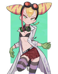 Rule 34 | 1girl, absurdres, belt, bikini, bikini top only, black bikini, blonde hair, breasts, cable, closed mouth, coat, cone hair bun, double bun, gloves, goggles, goggles on head, green eyes, green gloves, hair bun, highres, lab coat, looking at viewer, lucia fex, mask, mask around neck, multicolored hair, open clothes, open coat, pink hair, pleated skirt, promare, red skirt, saaal653, shoes, simple background, skirt, small breasts, solo, striped clothes, striped thighhighs, swimsuit, thighhighs